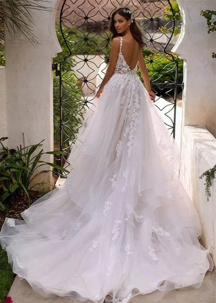 A Line Lace White Sweep Train Sleeveless Backless Wedding Dress