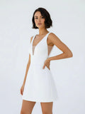 A Line V Neck Sleeveless Short Mini Satin Wedding Dresses