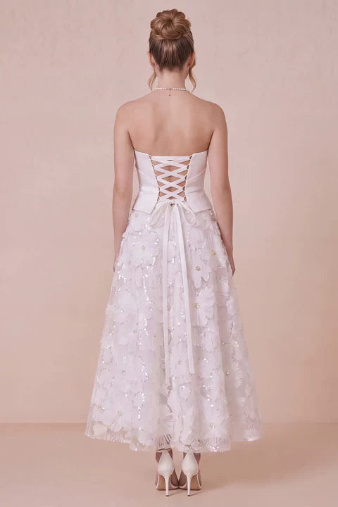 White A Line Floral Sweetheart Engagement Dress