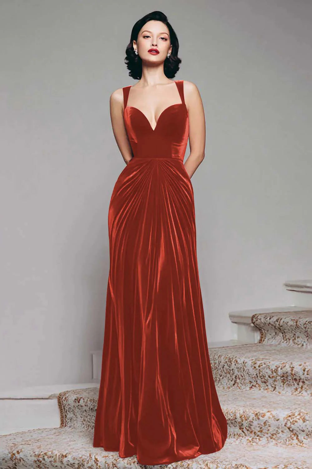 Black Velvet A Line Thick Straps Ruched Maxi Holiday Party Dress
