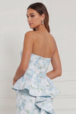 Strapless Mermaid Blue White Flower Ruffled Bridesmaid Dress
