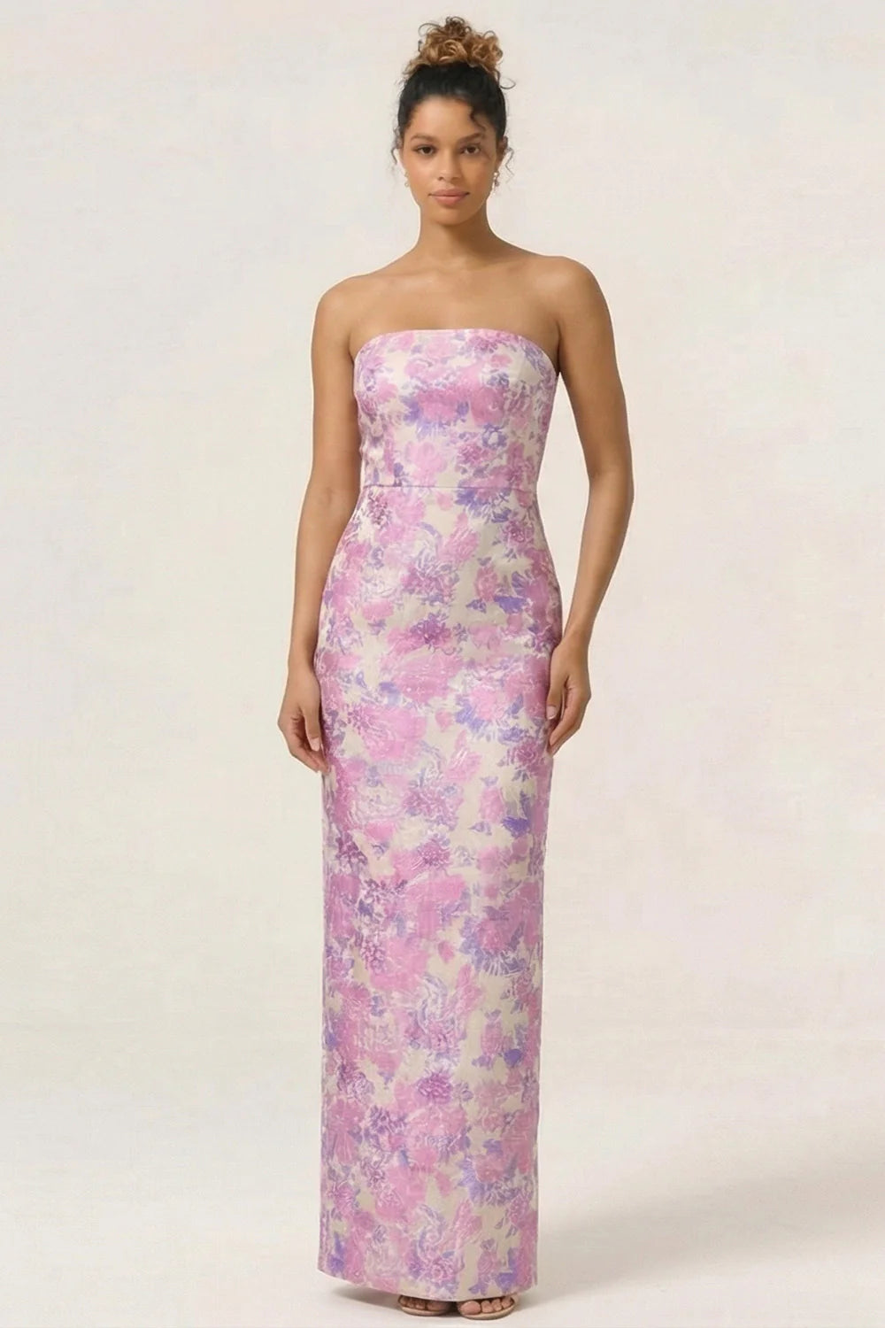 Blue Sheath Strapless White Floral Back Slit Satin Maxi Dress with Pockets
