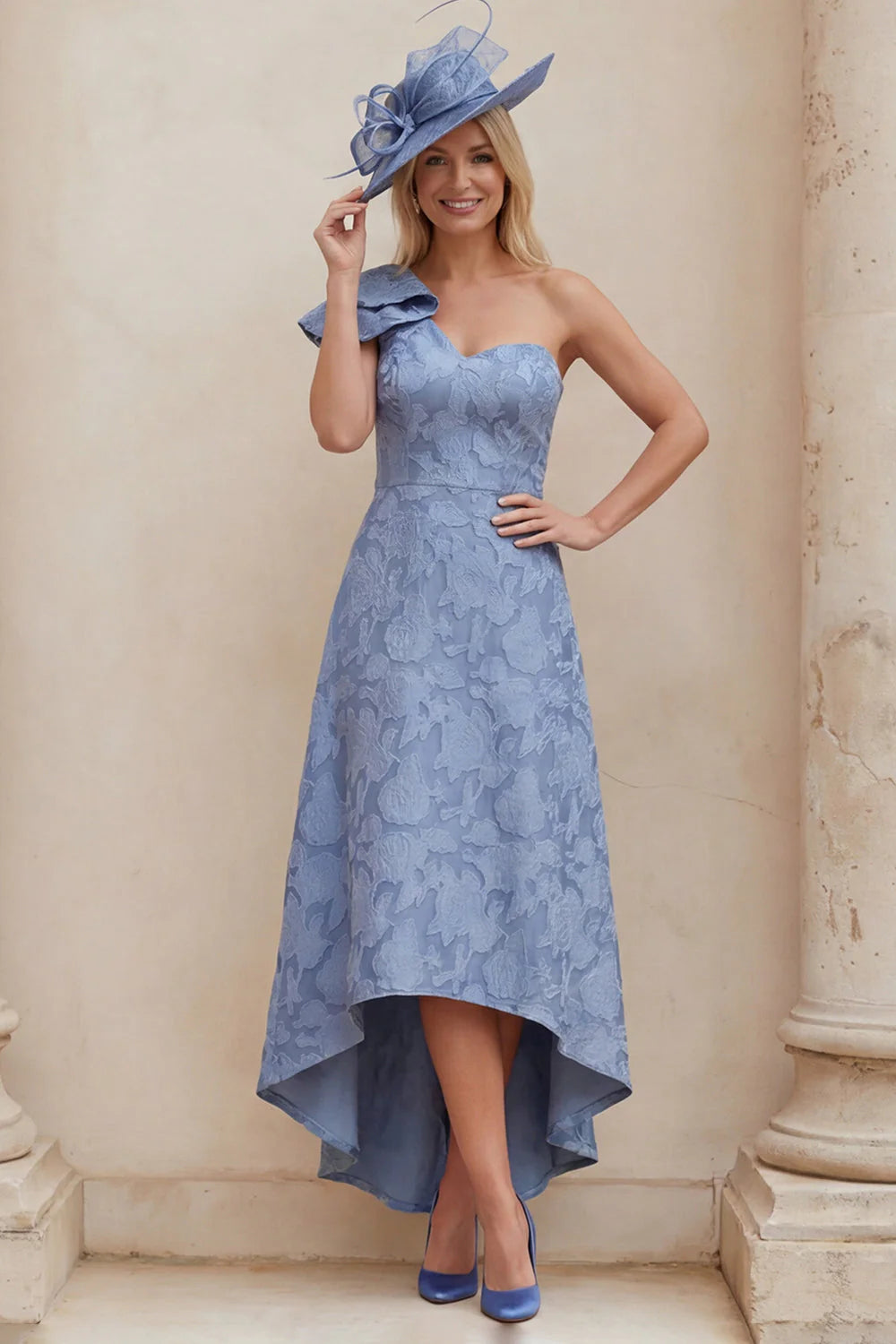 Dusty Blue Floral One Shoulder A Line High Low Mother of the Bride Dress