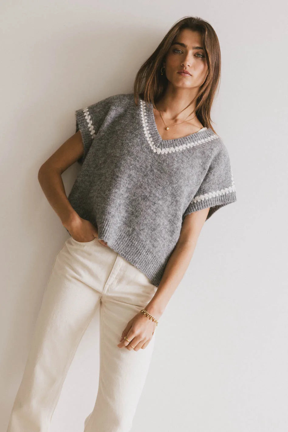 Hazel Embroidered Sweater Top in Grey FINAL SALE