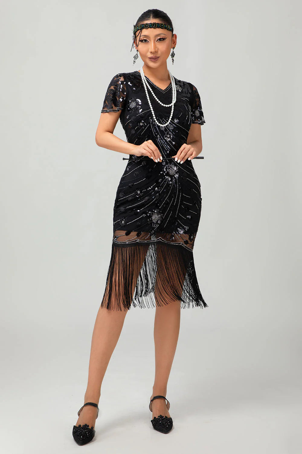 Black Red Fringed 1920s Sequin Flapper Dress