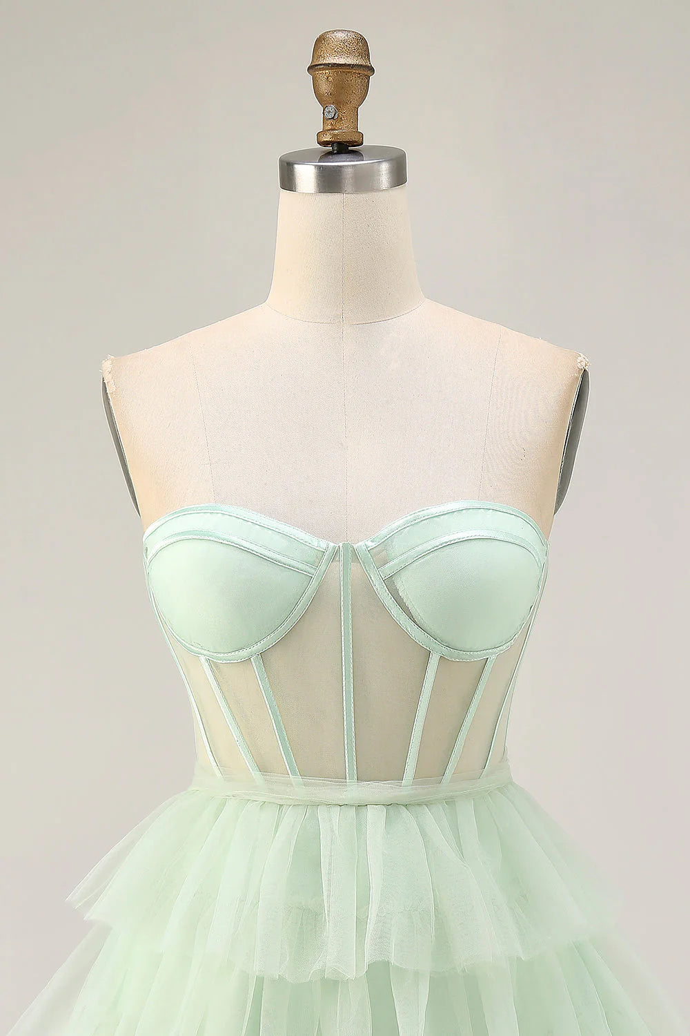 Light Green A Line Strapless Sheer Corset Tiered Short Homecoming Dress