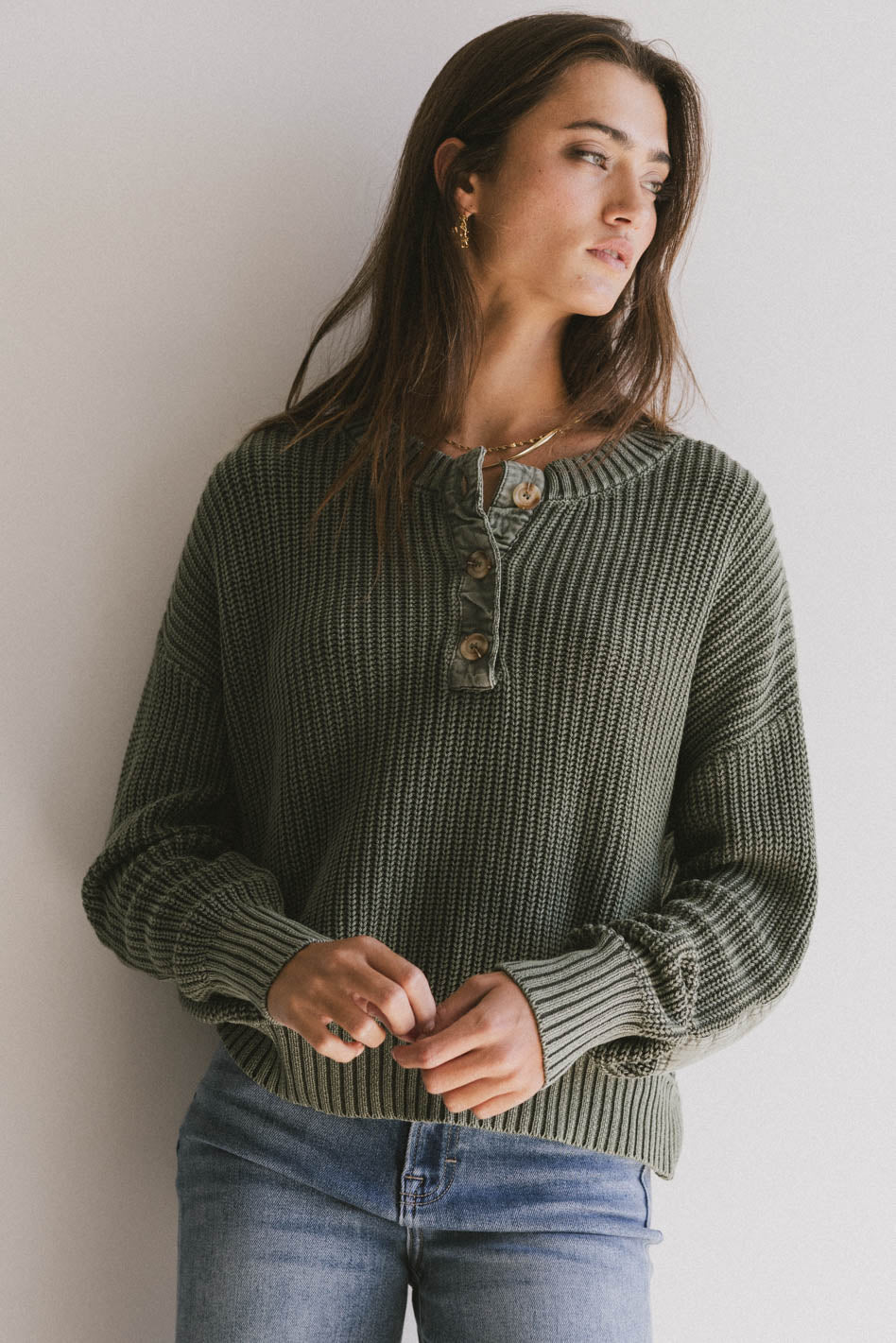 Inda Henley Sweater in Olive FINAL SALE