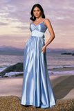 Sky Blue A Line Spaghetti Straps Ruched Floor Length Bridesmaid Dress with Slit