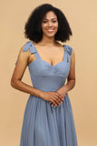 Grey Blue A Line Floor Length Chiffon Bridesmaid Dress with Slit
