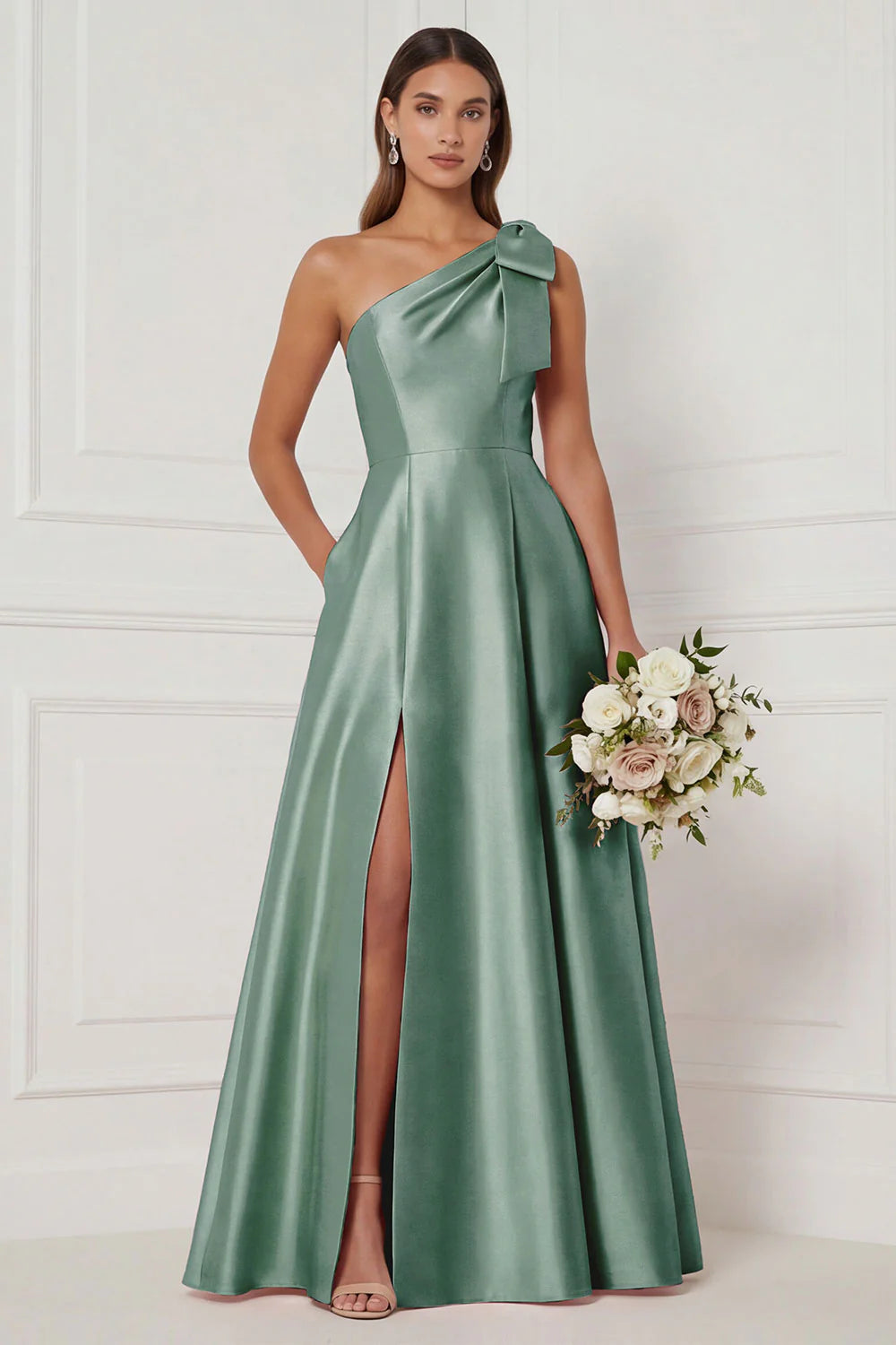 One Shoulder A Line Satin Pink Bridesmaid Dress with Slit
