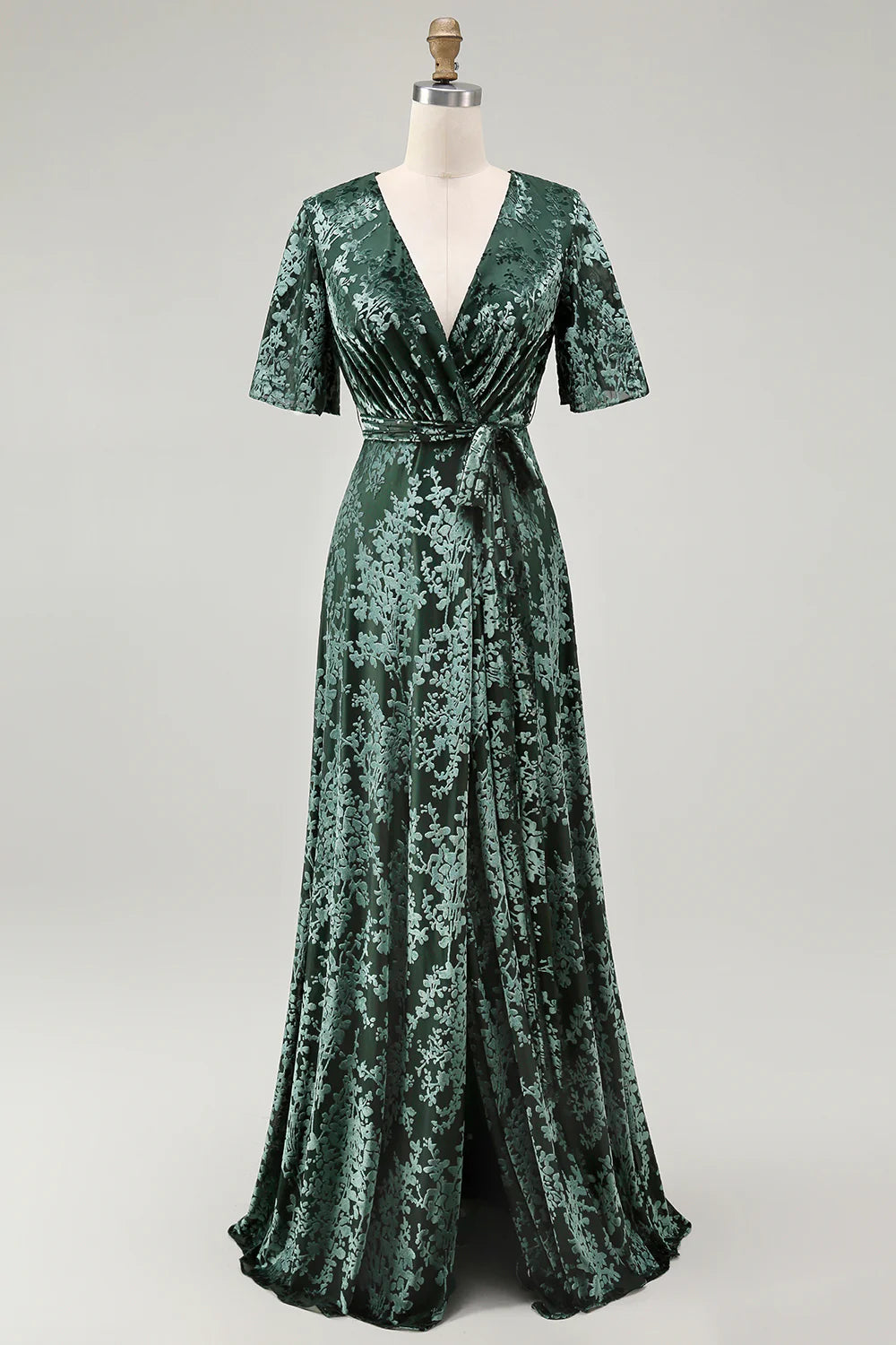 A Line V Neck Dark Green Burnout Velvet Floor Length Dress with Short Sleeves