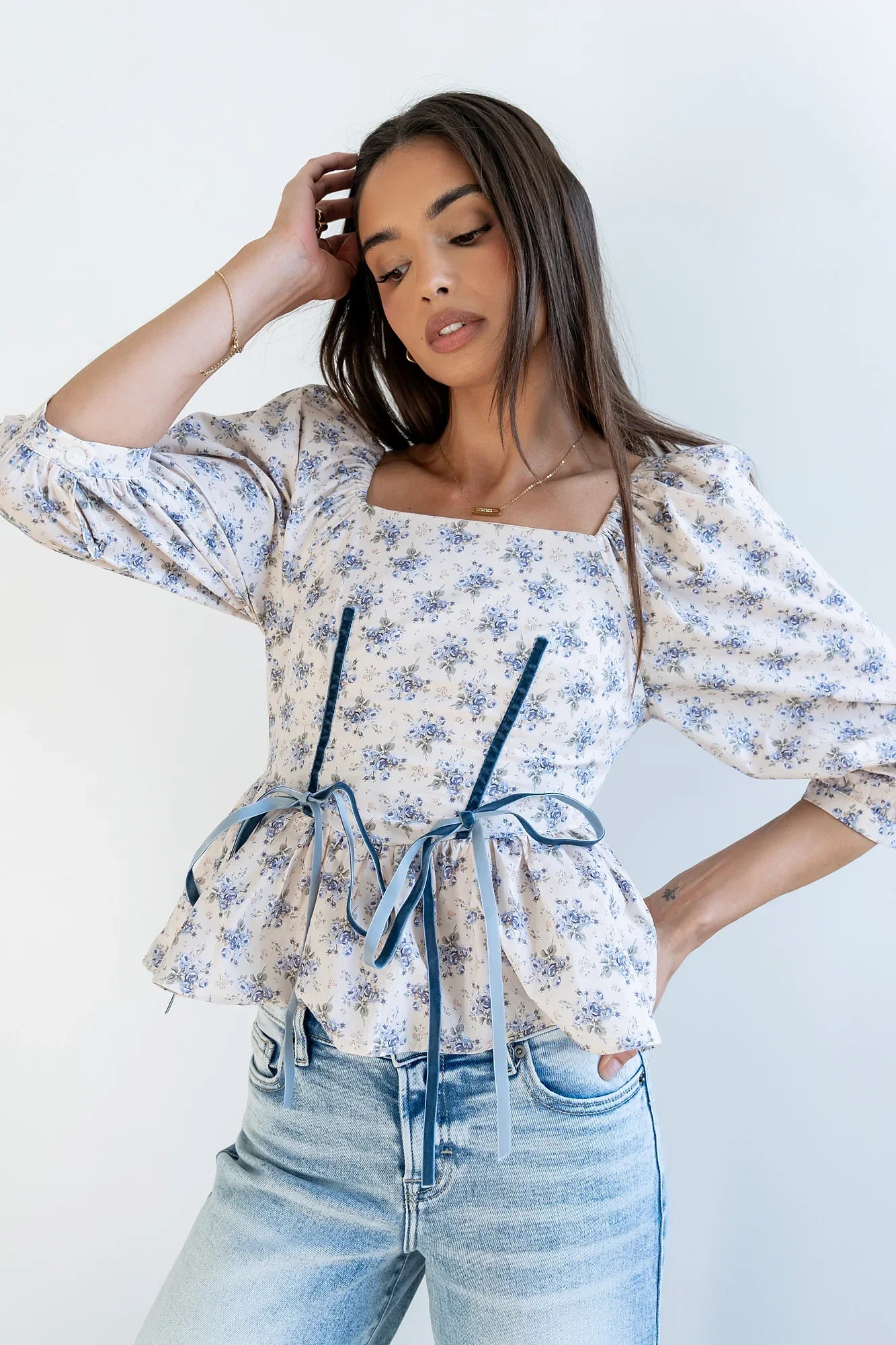 Jerzey Floral Peplum Blouse in Ecru