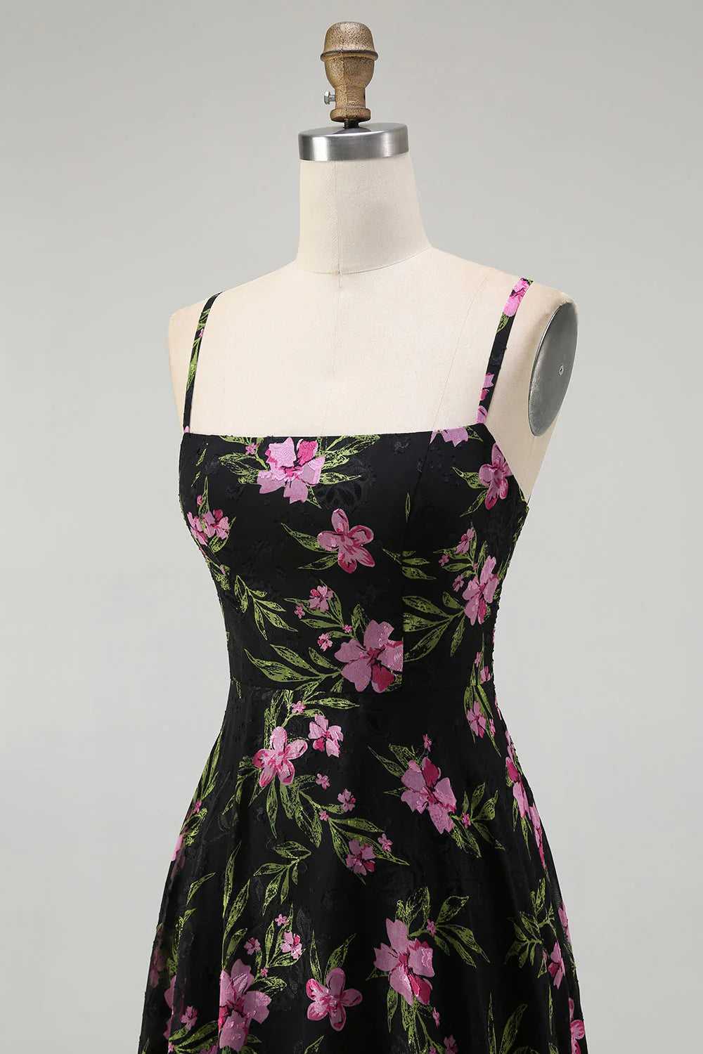 Black Pink Floral A Line Spaghetti Straps Backless Chiffon Long Bridesmaid Dress
