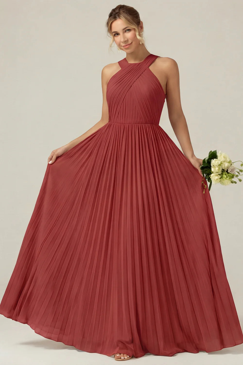 Dusty Sage A Line Halter Pleated Long Bridesmaid Dress