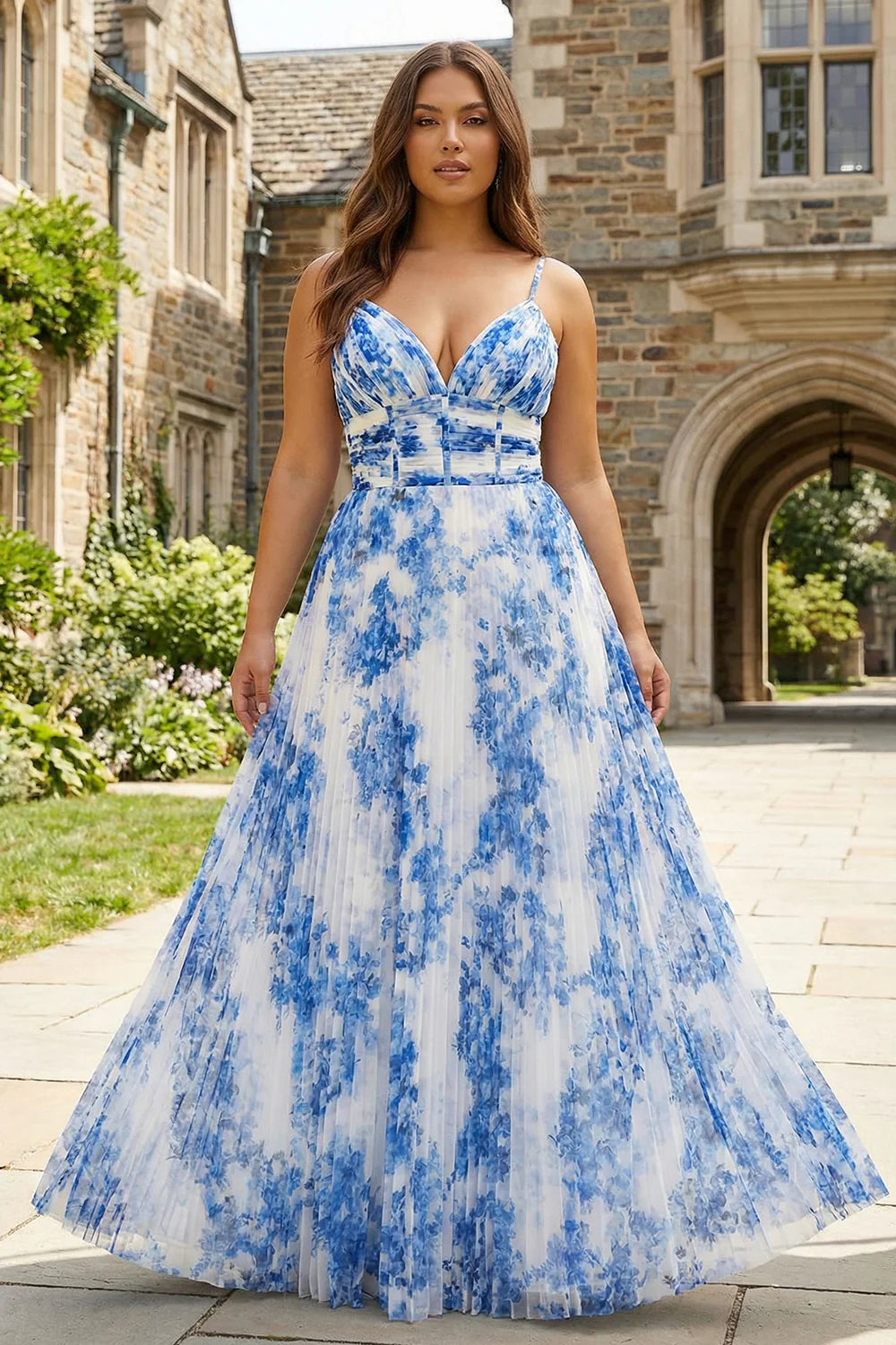 White Blue Flower A Line Spaghetti Straps Pleated Long Plus Size Bridesmaid Dress