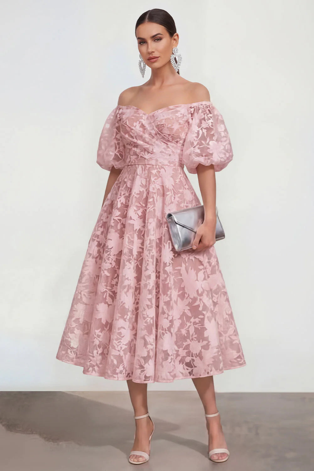 Floral Pink Off the Shoulder A Line Midi Wedding Guest Dress