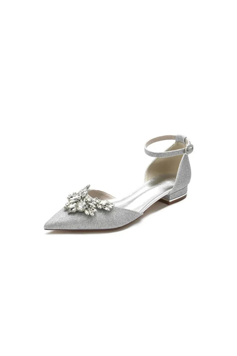 Casual Pointed Toe Ankle Strap Low Heels with Rhinestone