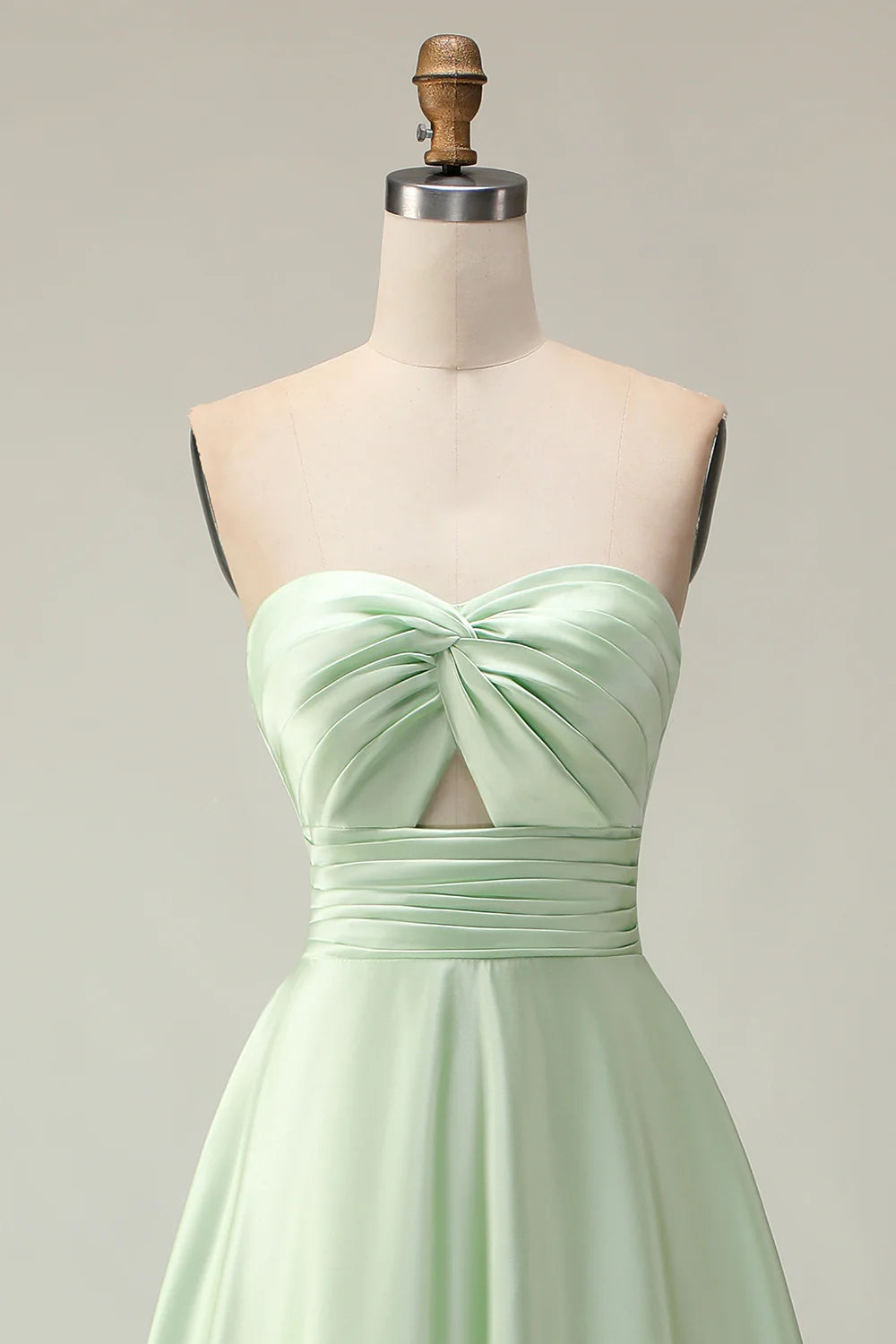 Sage Green A Line Strapless Satin Long Bridesmaid Dress with Lace Up Back
