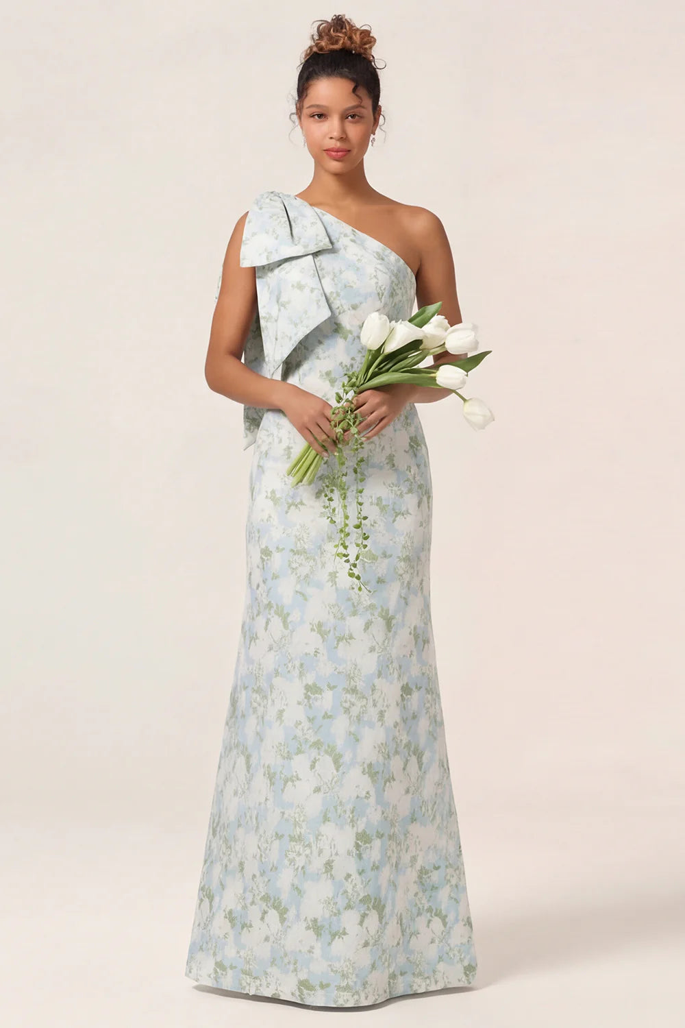 Blue White Flower Mermaid One Shoulder Print Long Bridesmaid Dress with Bow