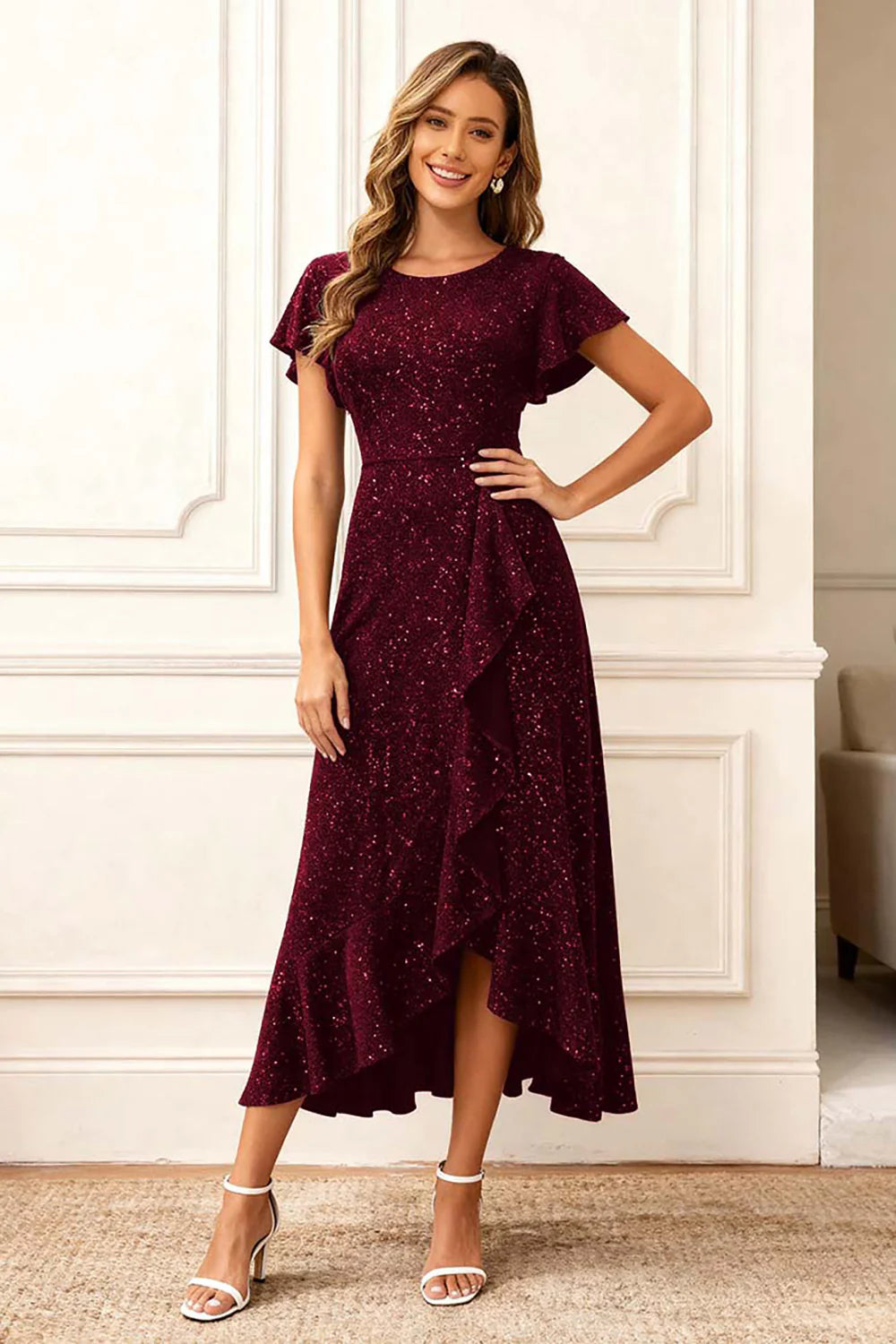 Glitter Black A Line Round Neck Ruffled Holiday Party Dress