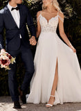 A Line V Neck Sweep Train Wedding Dress With Lace Split Front