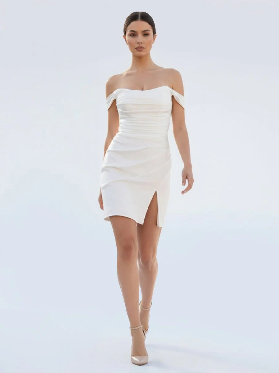 Off the Shoulder Short Satin Cowl Neck Simple Formal Wedding Dress With Slit