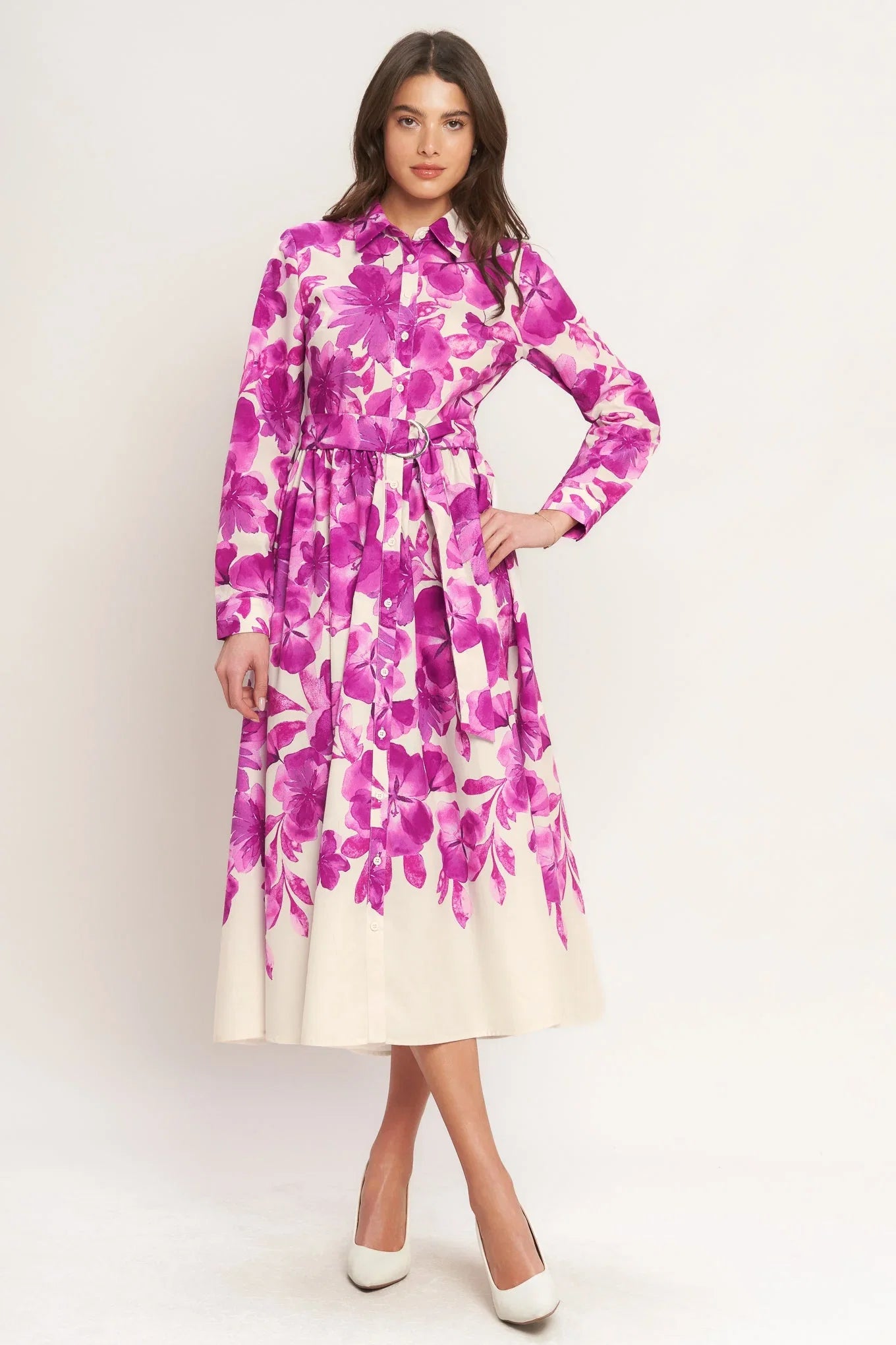 FUCHSIA PETAL FLORAL MIDI SHIRT DRESS
