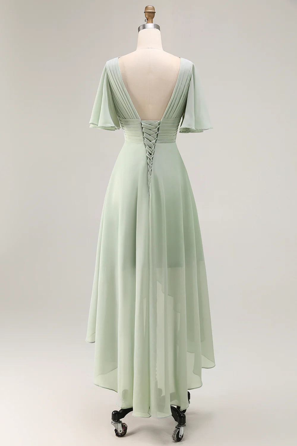 Sage Green A Line Chiffon Pleated High Low Bridesmaid Dress with Short Sleeves