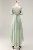 Sage Green A Line Chiffon Pleated High Low Bridesmaid Dress with Short Sleeves