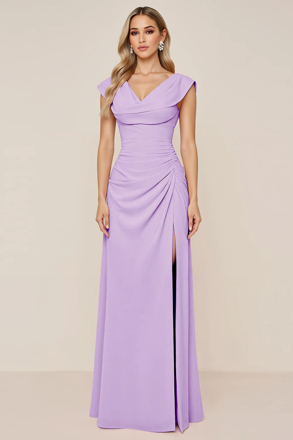Burgundy A Line Cowl Neck Long Bridesmaid Dress with Slit