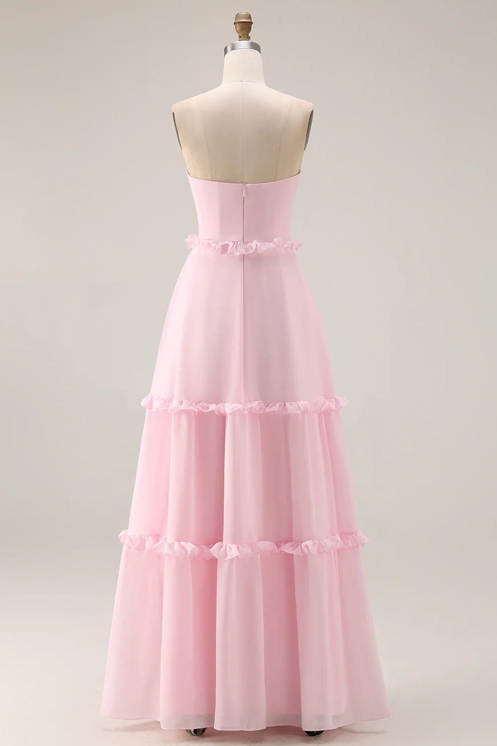 Blushing Pink A Line Strapless Chiffon Long Bridesmaid Dress with Slit