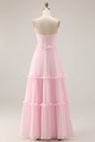 Blushing Pink A Line Strapless Chiffon Long Bridesmaid Dress with Slit
