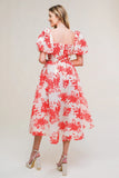 COTTAGE GARDEN PUFF SLEEVE MIDI DRESS RED