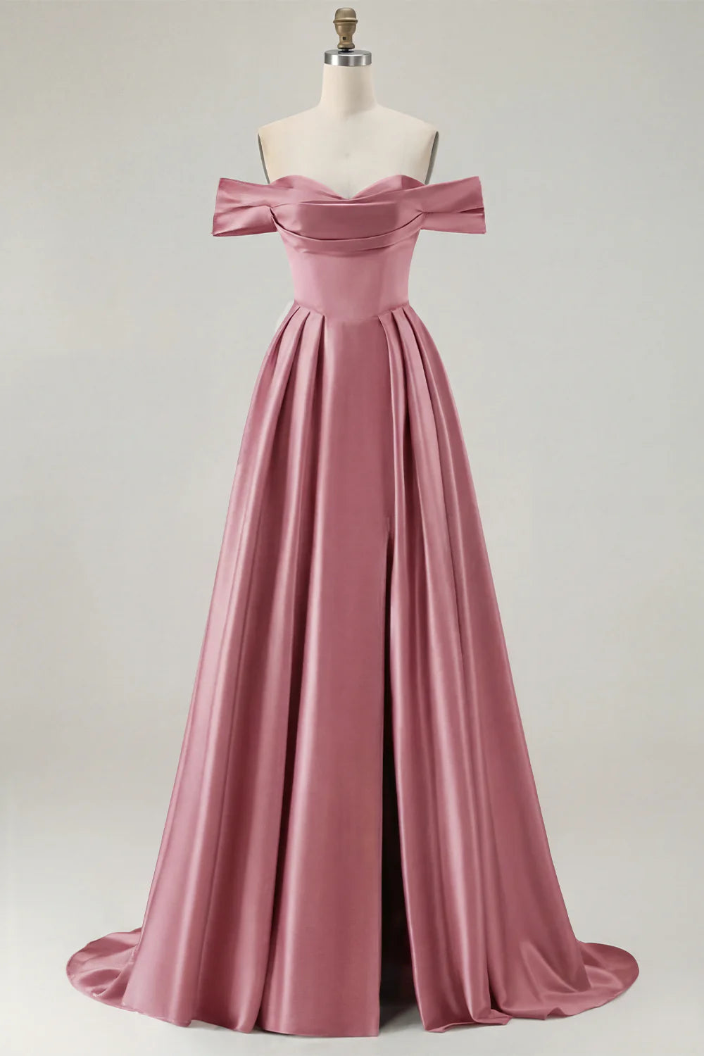 Off the Shoulder A Line Blue Satin Long Bridesmaid Dress with Slit