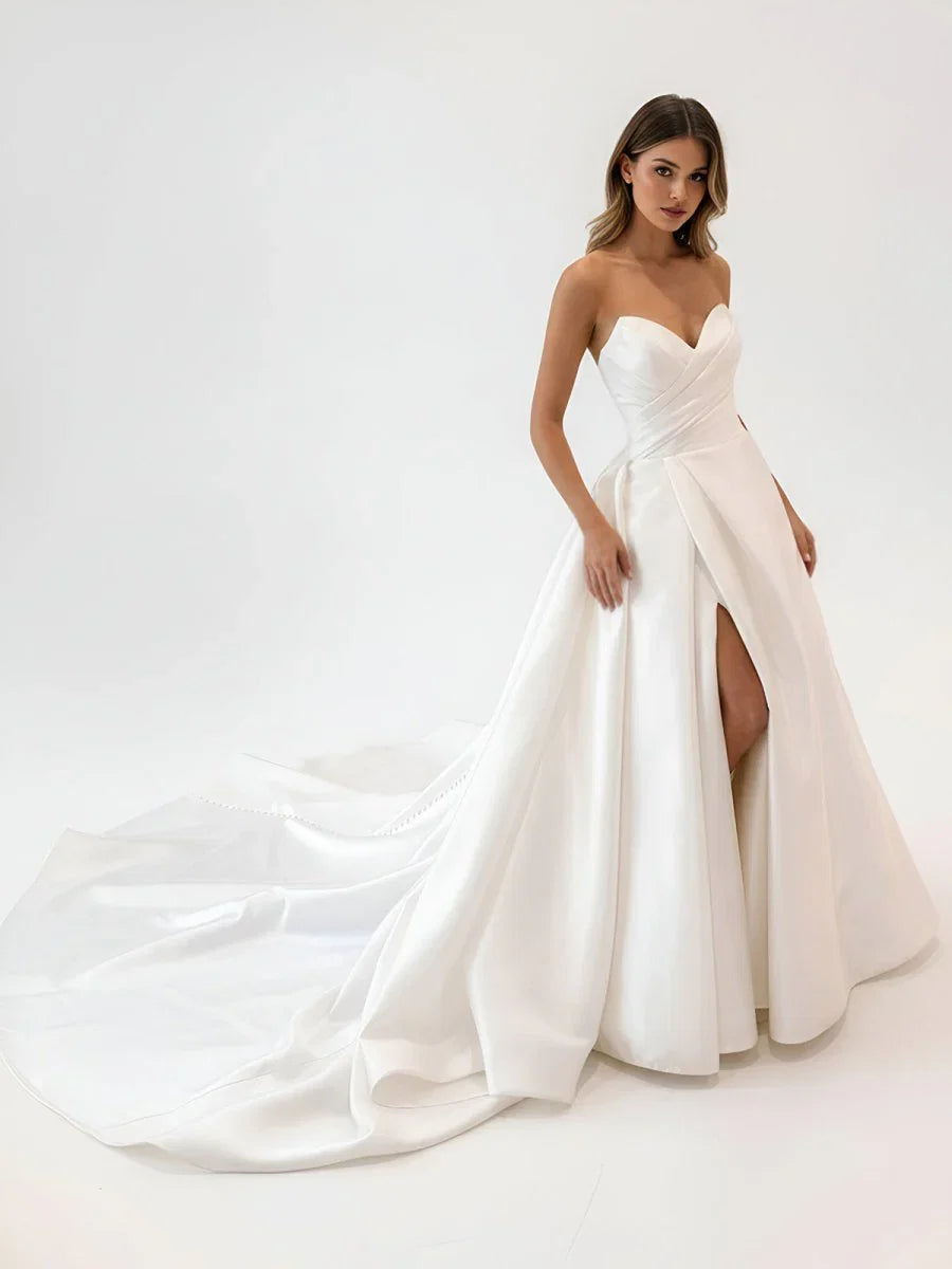 White Satin Long A Line Wedding Dress with Slit