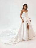 White Satin Long A Line Wedding Dress with Slit