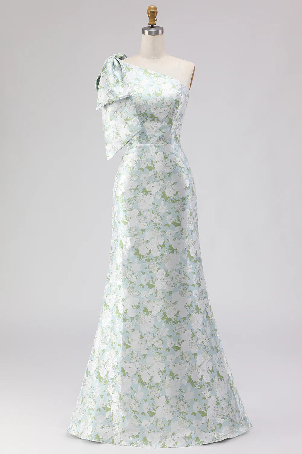 One Shoulder Blue White Flower Print Mermaid Plus Size Bridesmaid Dress with Bow