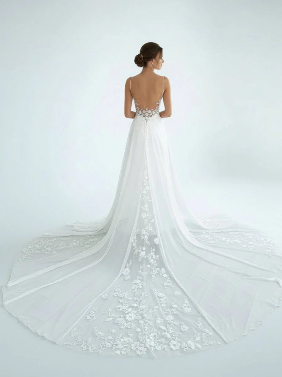 A Line V Neck Chiffon Boho White Appliques Wedding Dresses