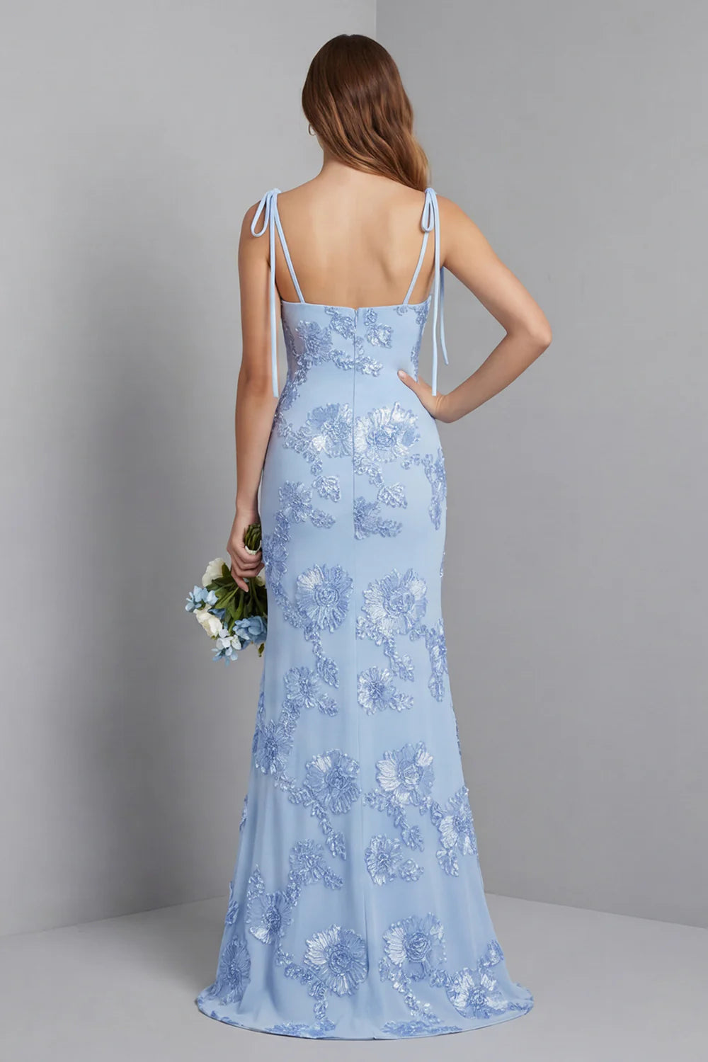 Light Blue Mermaid Spaghetti Straps Long Prom Dress with Appliques