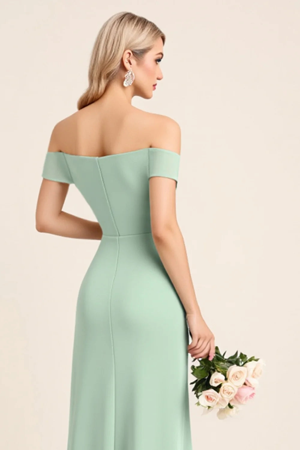 Mint Sheath Off The Shoulder Long Bridesmaid Dress with Slit