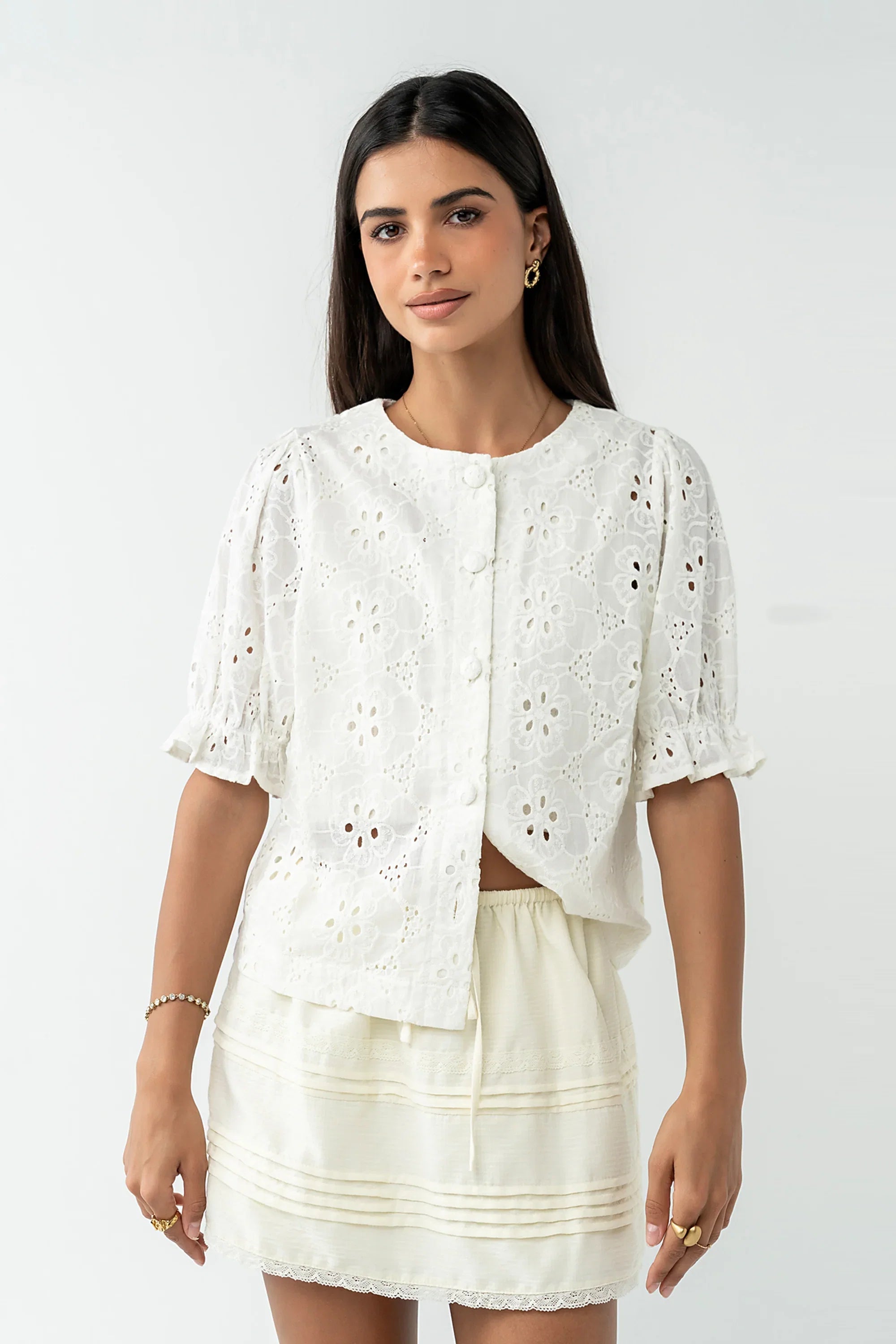 Cassidy Embroidered Button Up in Ivory