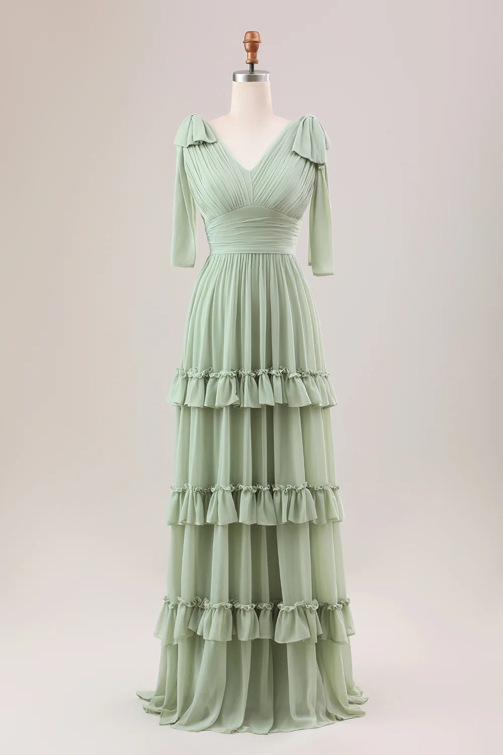 Dusty Sage A Line V Neck Knitted Chiffon Long Bridesmaid Dress With Ruffles