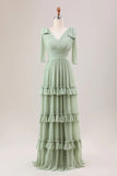 Dusty Sage A Line V Neck Knitted Chiffon Long Bridesmaid Dress With Ruffles