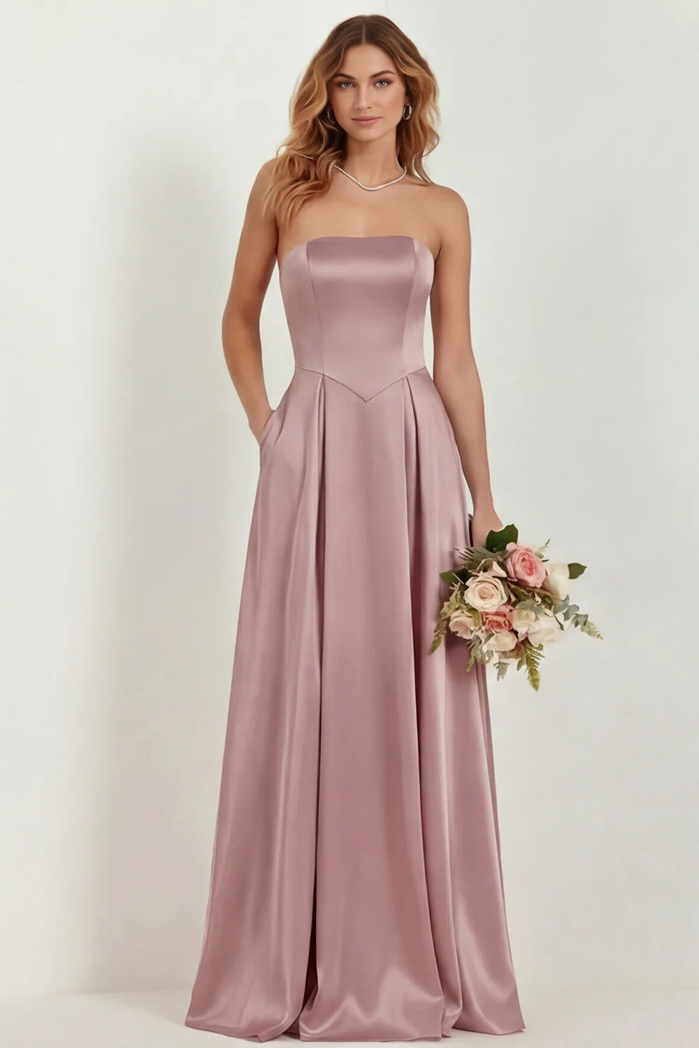 Blush Strapless A Line Satin Long Bridesmaid Dress with Pockets