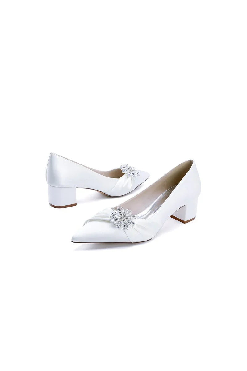 Satin Pointed Toe Slip on Party Shoes With Crystal