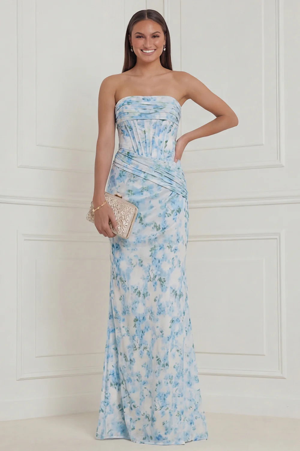 Strapless Corset Blue White Flower Bridesmaid Dress with Lace up Back