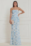 Strapless Corset Blue White Flower Bridesmaid Dress with Lace up Back