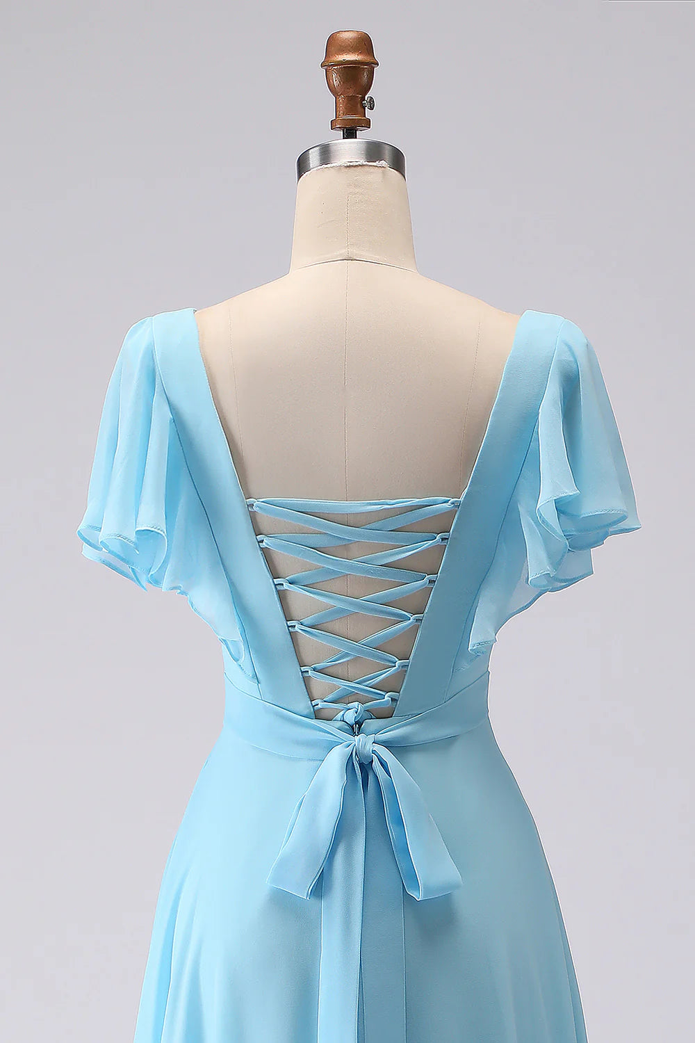 Sky Blue A Line V Neck Rhinestone Ruffled Long Bridesmaid Dress with Slit