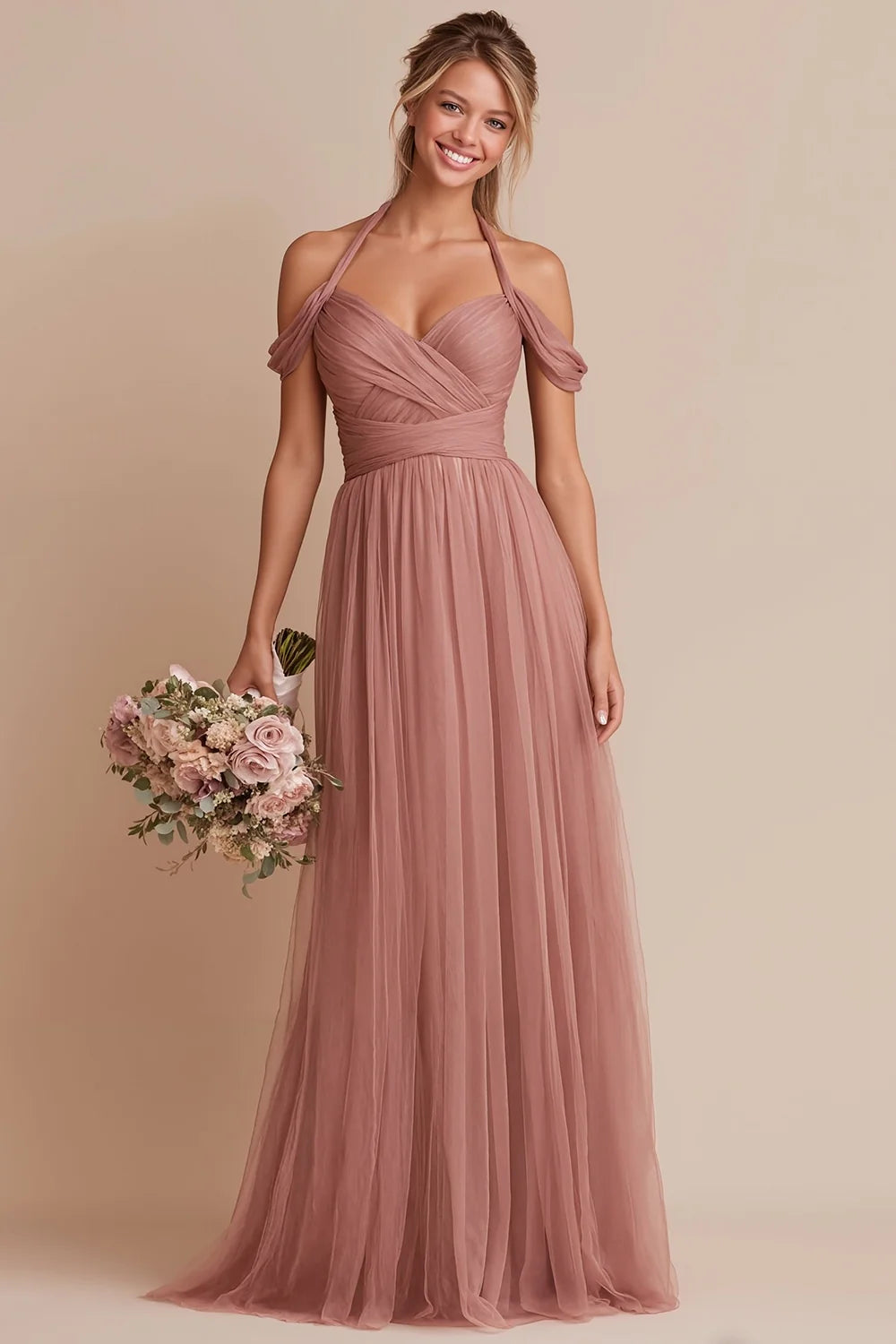 Dusty Rose Halter A Line Ruched Chiffon Long Bridesmaid Dress