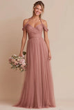 Dusty Rose Halter A Line Ruched Chiffon Long Bridesmaid Dress